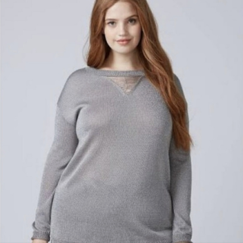 Lane Bryant Silver Gray Distressed V Neck Long line pullover Minimalist Top 16W